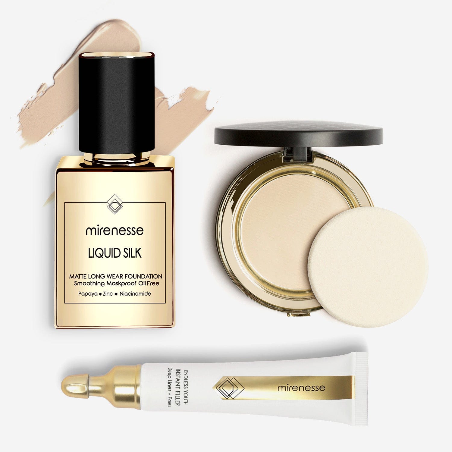 MIRENESSE PACK FOUNDATION Liquid Silk Flawless Face Foundation Trio 3pce Kit