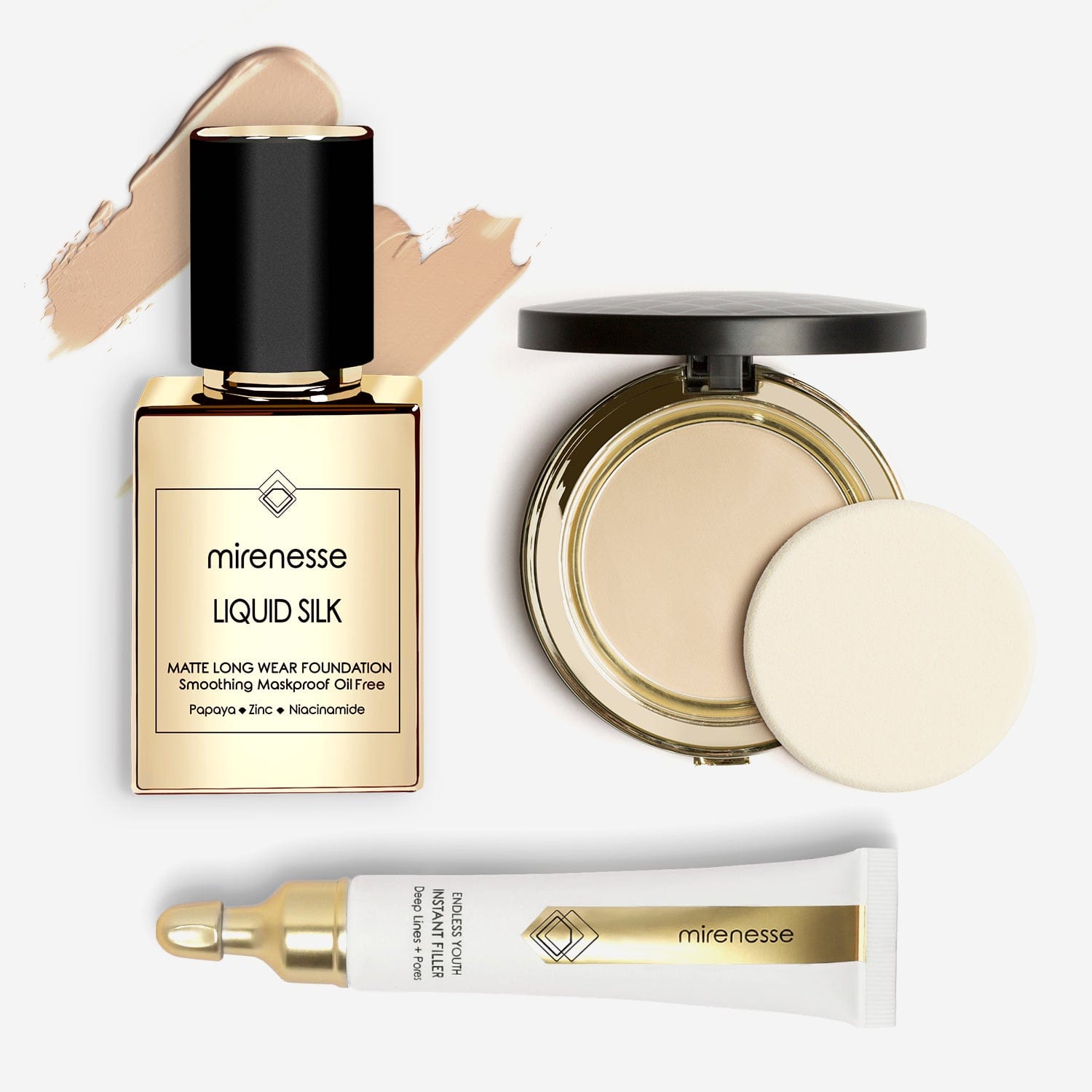 MIRENESSE PACK FOUNDATION Full Size / 23. Mocha Liquid Silk Flawless Face Foundation Trio 3pce Kit