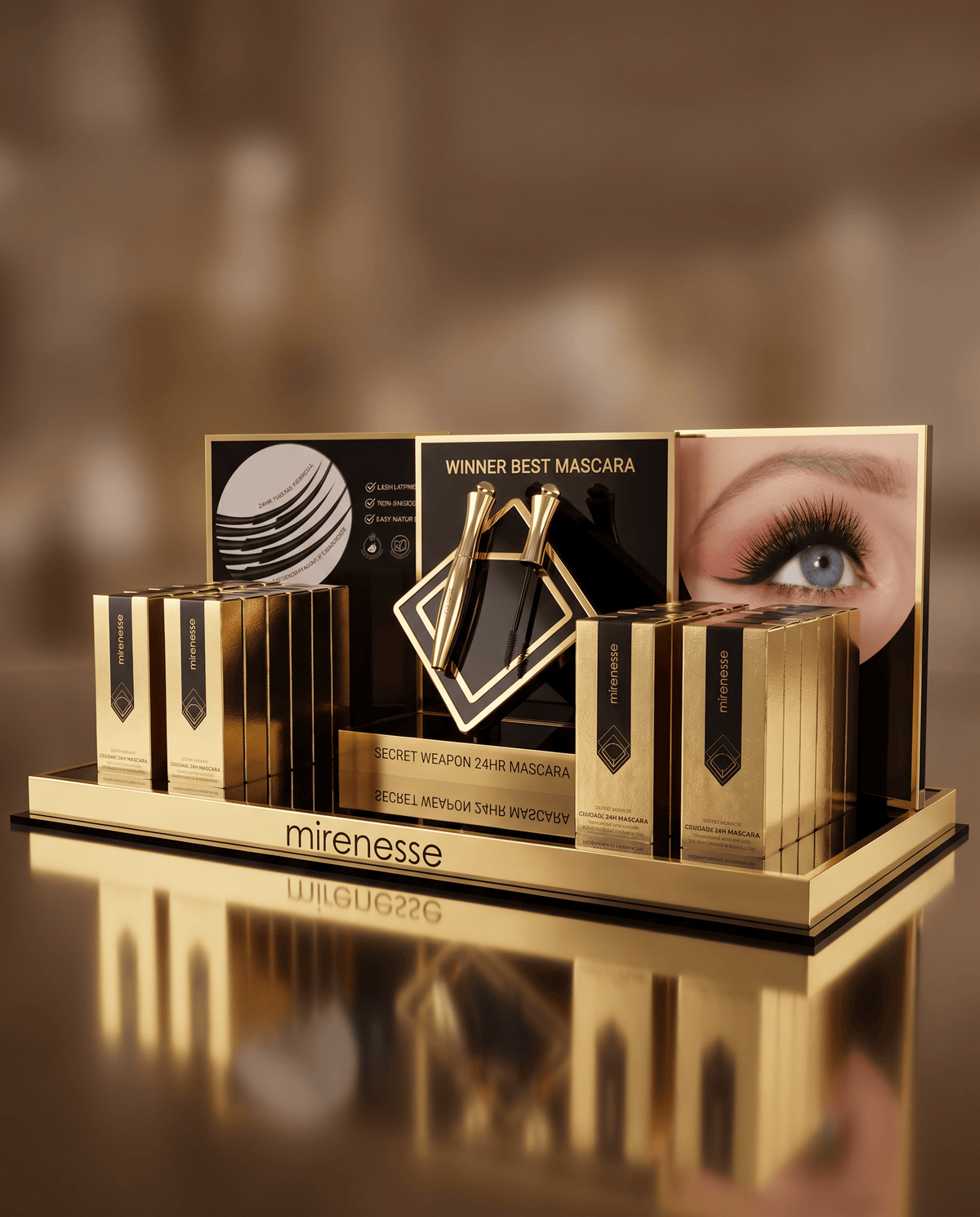 MIRENESSE PREPACK New Secret Weapon 24hr Mascara - Original Prepack Of 24 + Free Black Eyeliner + Display